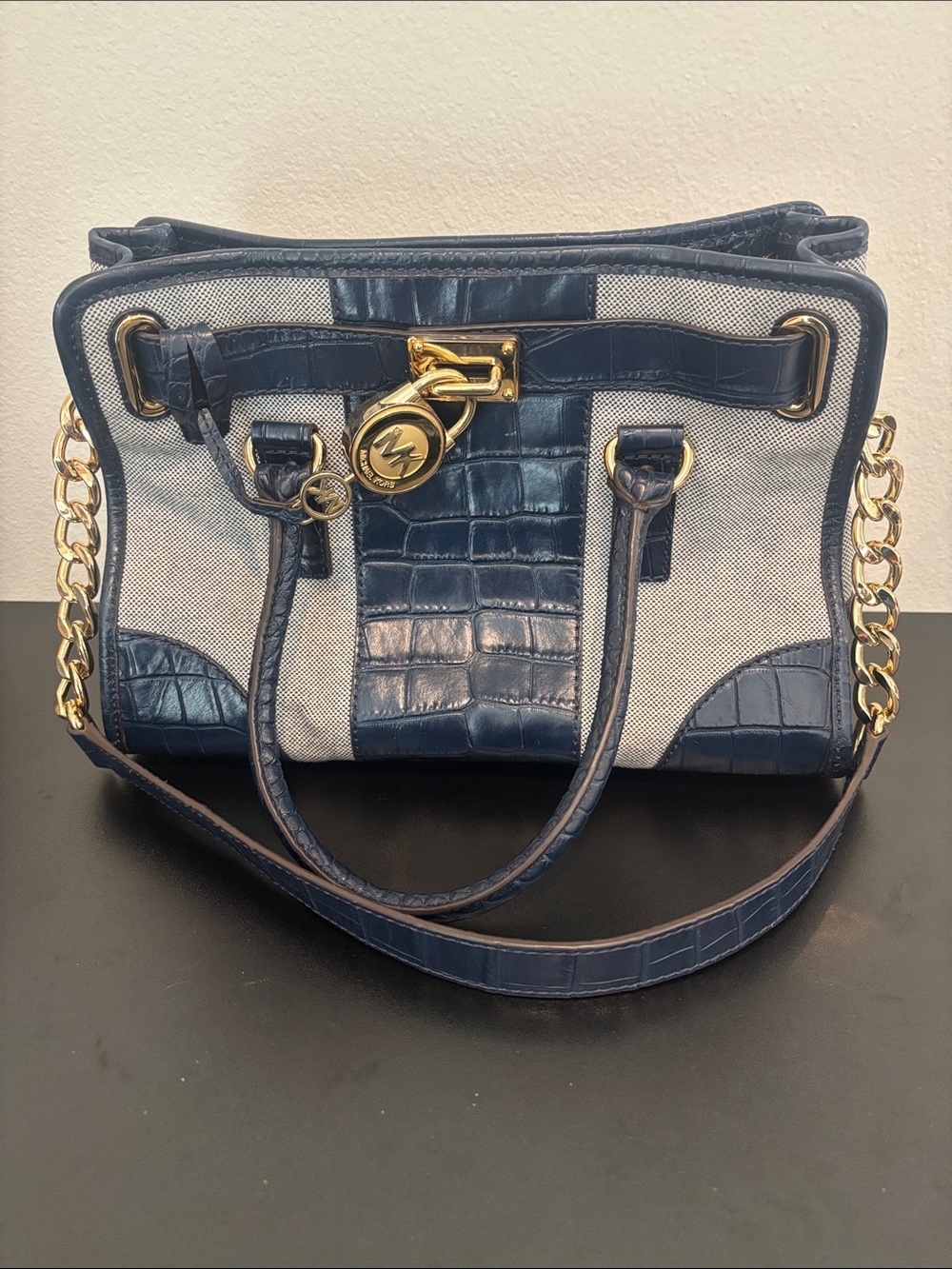Michael Kors Hamilton EW Satchel Navy Blue Croc & Grey Canvas Leather Tote
